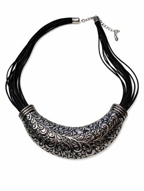 Silver Tone Filigree Crescent Statement Necklace Black Faux Leather Multi Strand